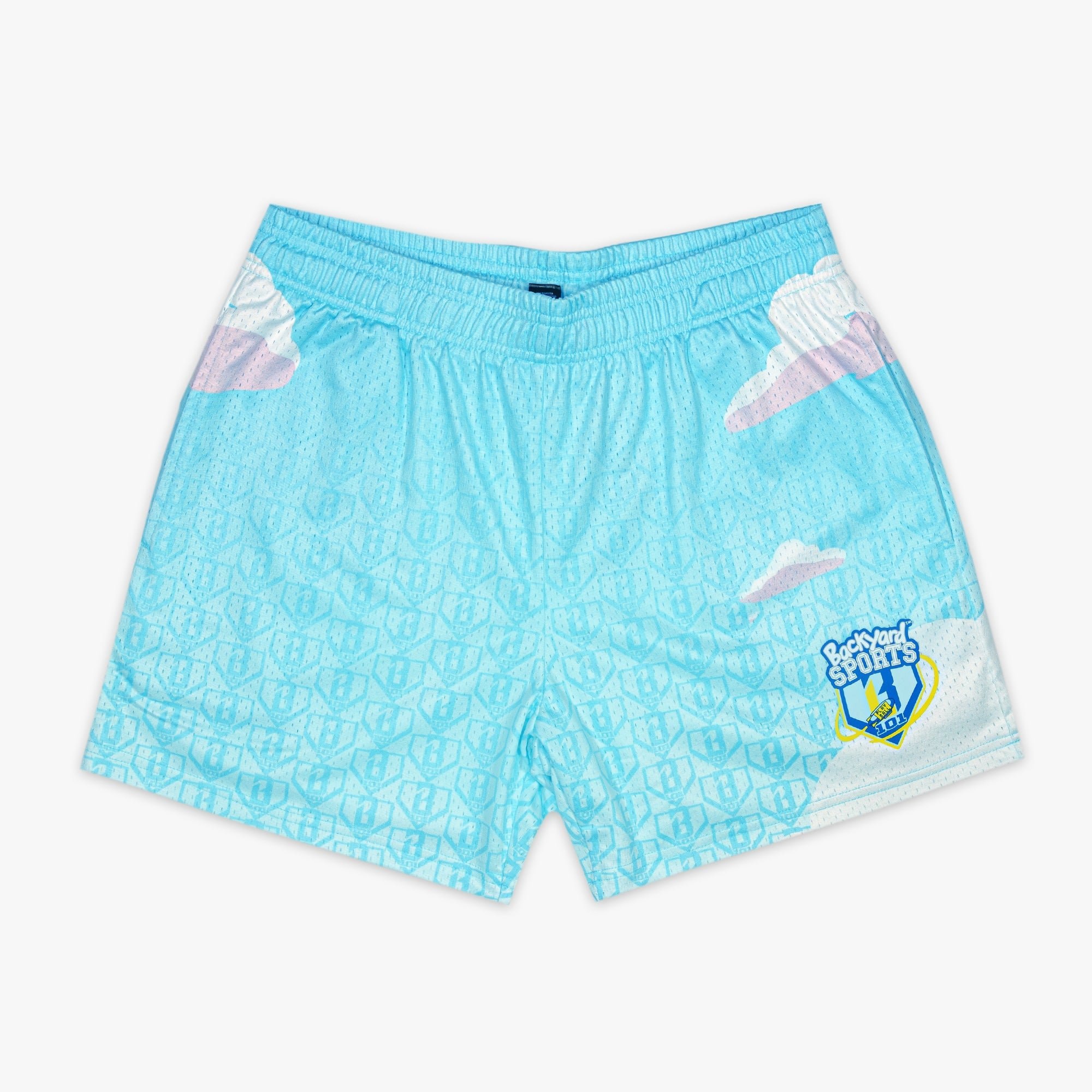 Backyard Dream Light Blue Mesh Shorts - Allover Cloud Print, 5" Inseam