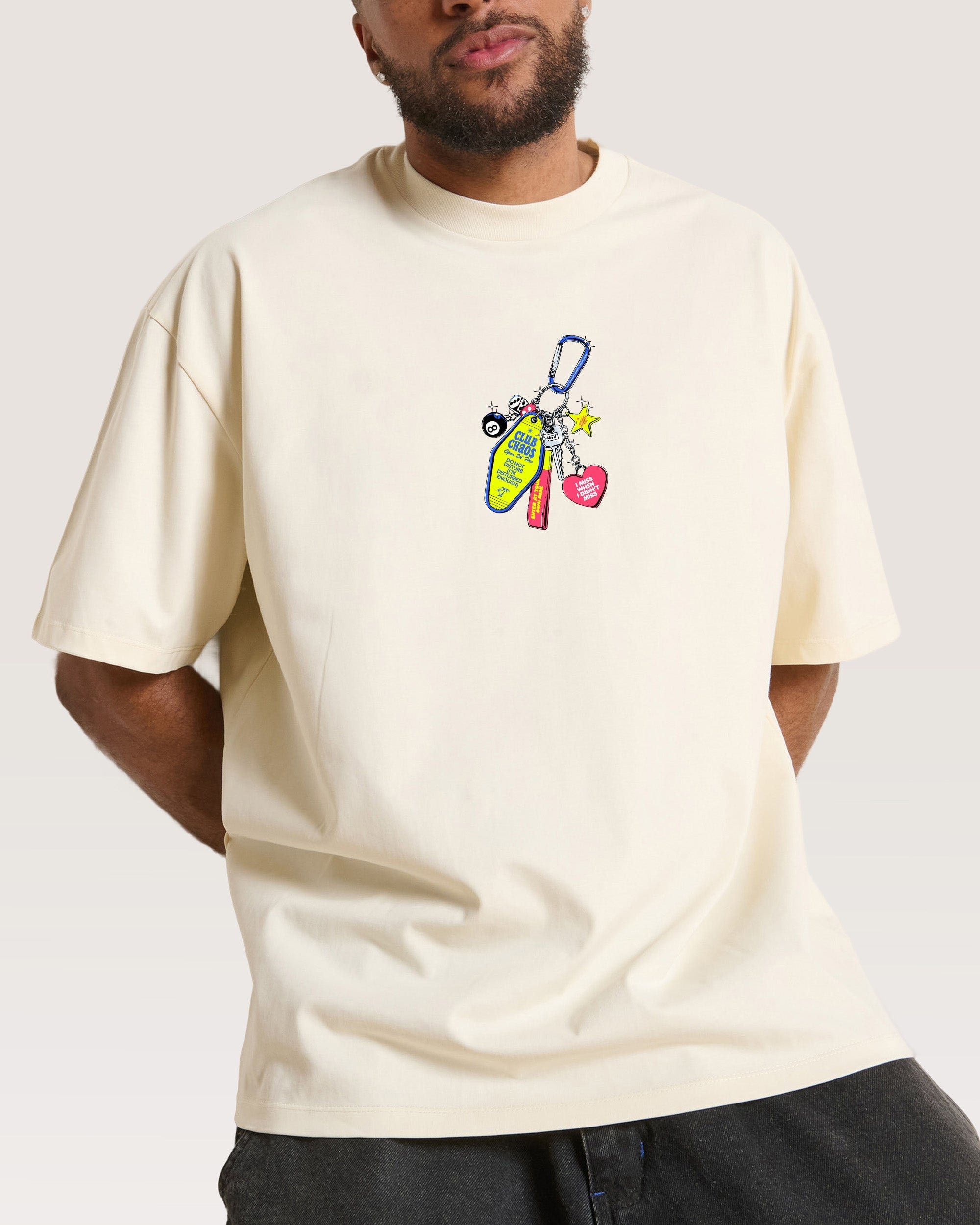 Club Chaos Key Chain Oversized Graphic Tee Unisex 90s Boxy Fit 100% Combed Cotton