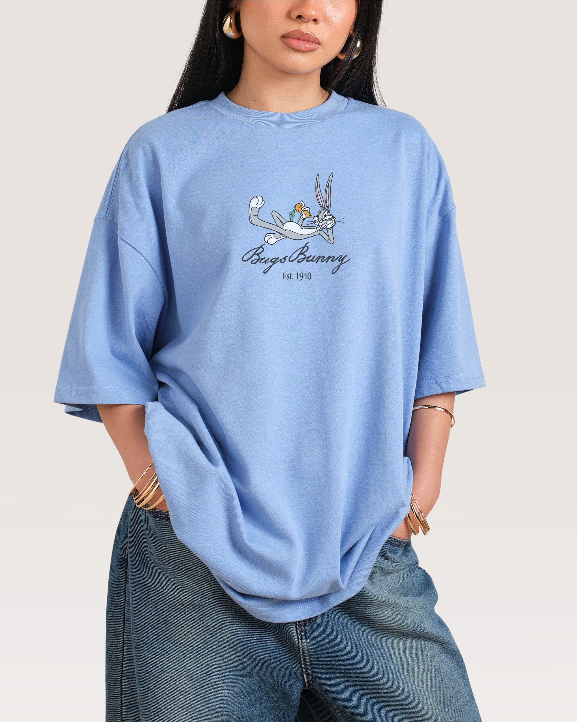Bugs Bunny Book Crash Oversized Unisex T-Shirt Looney Tunes Graphic Tee 100% Cotton
