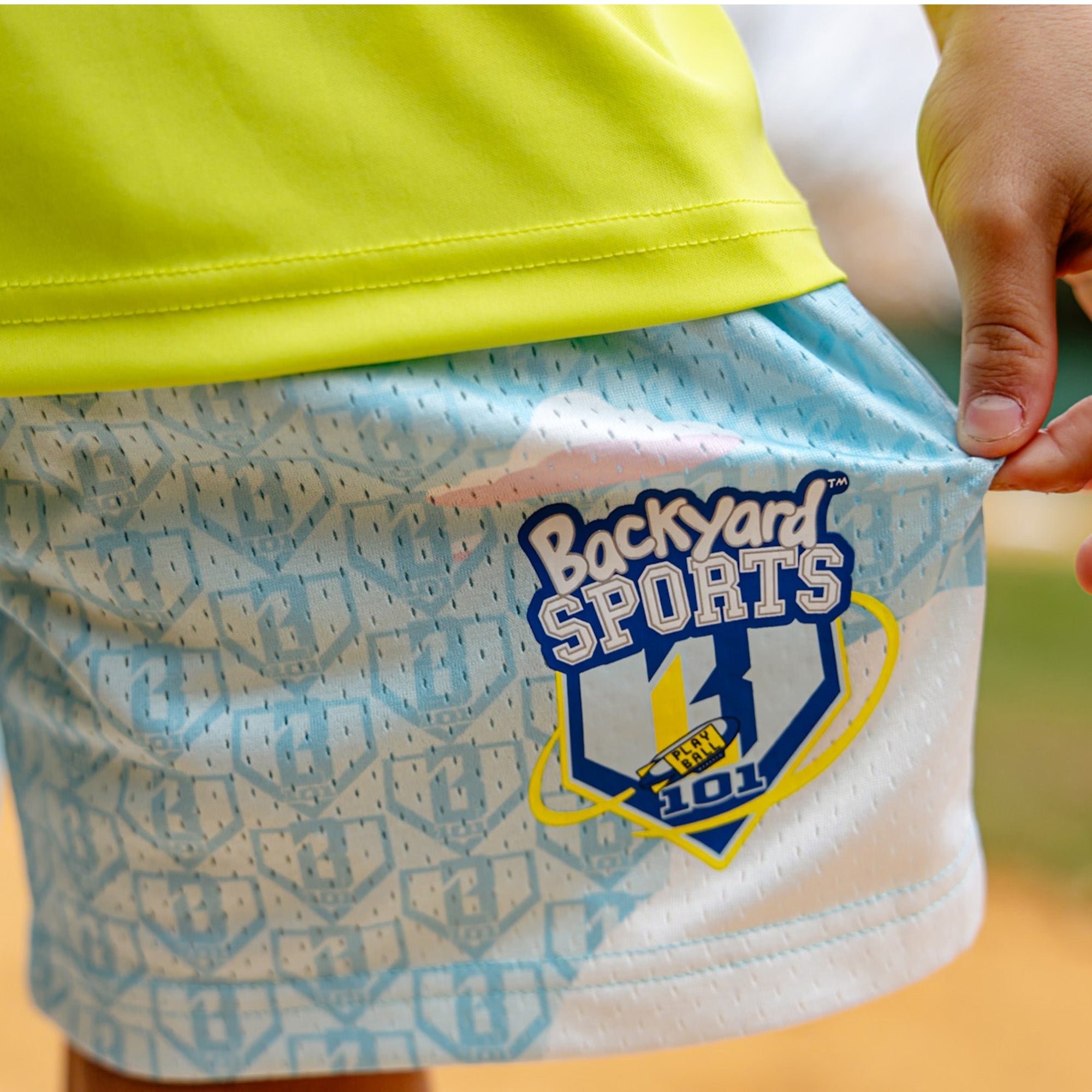 Backyard Dream Light Blue Mesh Shorts - Allover Cloud Print, 5" Inseam