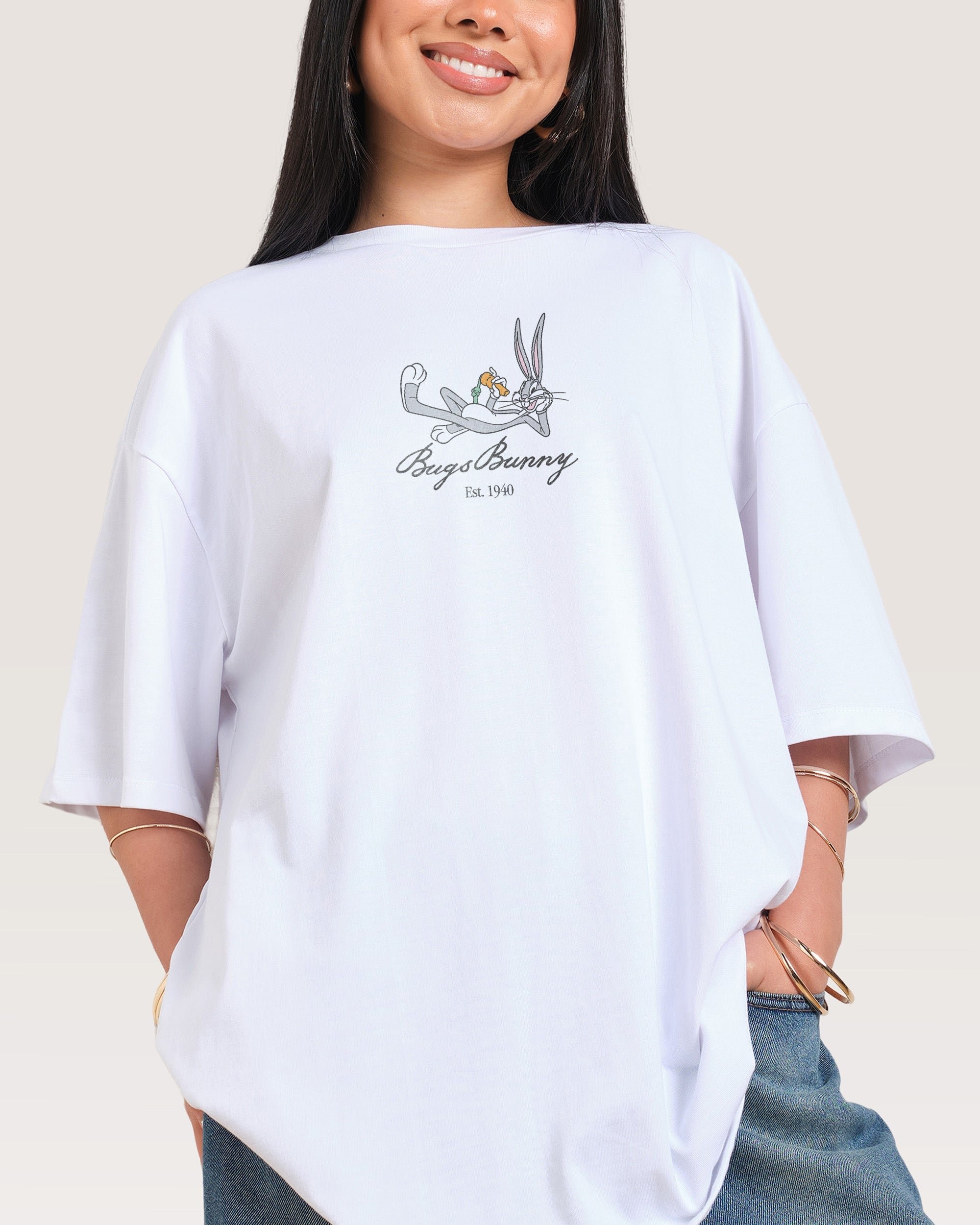 Bugs Bunny Book Crash Oversized Unisex T-Shirt Looney Tunes Graphic Tee 100% Cotton