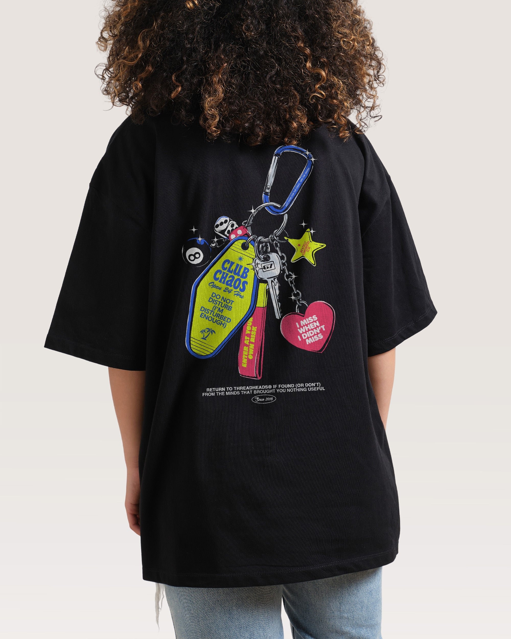 Club Chaos Key Chain Oversized Graphic Tee Unisex 90s Boxy Fit 100% Combed Cotton